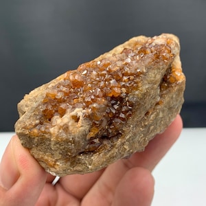 Puede incluir: Un espécimen mineral natural en bruto con un grupo de pequeños cristales ámbar brillantes. Los cristales están densamente agrupados en una matriz de roca marrón claro. La mano sostiene el espécimen, mostrando su textura y color.