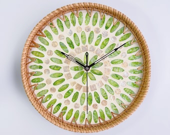 Handmade Rattan Wall Clock | 12-Inch Green Mosaic Decorative Clock | Boho Natural Home Decor