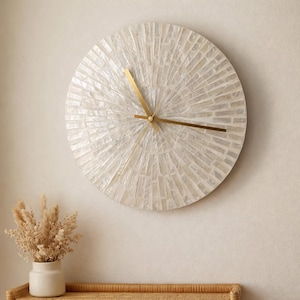 Handmade Capiz Shell Sunburst Clock | Mother of Pearl Wall, Gold Hands, Coastal Home Decor