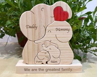 Puzzle in legno a forma di famiglia di elefanti, regalo personalizzato per la famiglia, regalo di fidanzamento per la sposa, arredamento per la casa, regali per bambini, regali per i genitori, regali per la mamma