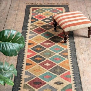 Handwoven Wool Jute Kilim Runner Rug: Traditional Indian Geometric Design