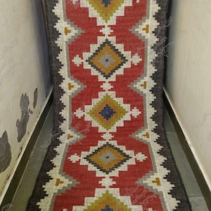 Handmade Kilim Runner Rug, Wool And Jute Runner, Traditional Indian Kilim Dhurrie Rug, Stair Runner Rug, Hallway Runner, Turkish Kilim Rug