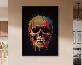 Neon Dripping Paint Skull Poster, Pop Art Gothic Decor