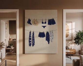 Summer Clothesline Canvas Wall Art, Blue Beach Clothing on Line with Hat and Swimsuit, Fun Coastal Decor for Summer Vibes Art Decor