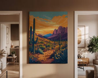 Desert Sunset Canvas Wall Art, Cactus and Mountain Landscape Illustration, Vibrant Western Nature Print for Modern Home Decor, Art Decor