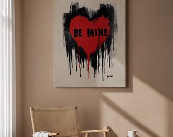 Be Mine Heart Framed Canvas, Red Black Graffiti Love Art, Bold Romantic Wall Canvas Decor for Bedroom, Couples Gift Modern Canvas Decor