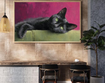 Black Cat with Martini Art Print | Cute, Quirky, Whimsical | Framed or Unframed Canvas Painting | Fine Art Print Gift | Trendy Home Wall Art