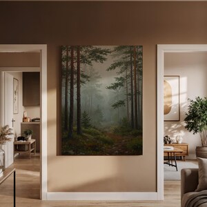 Framed Misty Forest Path Canvas Wall Art, Tranquil Woodland Landscape Painting Print, Nature Inspired Rustic Greenery Home Decor, Art Decor