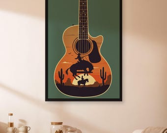 Cowboy Guitar Poster, Western Music Wall Art, Desert Sunset Illustration, Rodeo Rider Wall Decor, Framed Or Rolled Gift For Country Fans