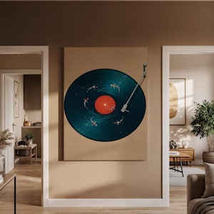 Vinyl Record Canvas Wall Art, Koi Fish Turntable Poster, Unique Music Inspired Wall Decor for Bedroom, Living Room, or Studio, Art Decor