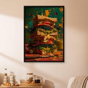 Layered Sandwich Poster Wall Art, Vibrant Food Stack Poster for Kitchen, Bold Gourmet Decor, Framed Pop Art Print for Cafe or Deli Walls