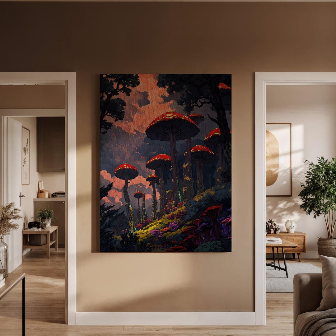 Fantasy Mushroom Forest Wall Art, Mystical Forest With Red Mushrooms ...