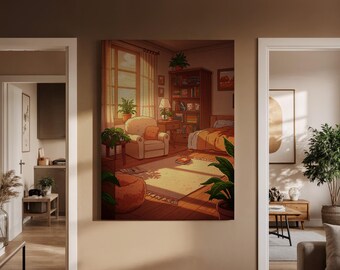 Lienzo decorativo para pared con un rincón de lectura acogedor, ilustración de un dormitorio cálido con plantas, estantería y luz natural, ideal para decorar el hogar.
