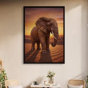 Mandala Elephant Wall Art, Ornate Brown and Gold Desert Sunset Elephant Canvas, Bohemian Animal Painting Print for Artistic Home Decor