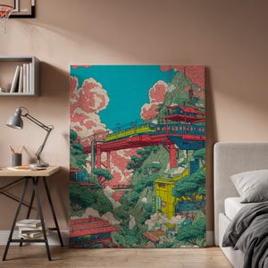 Vibrant Cityscape Canvas Art, Colorful Urban Architecture with Bridges and Clouds, Futuristic Design for Modern Home Decor, Wall Decor