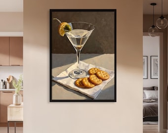 Martini Cocktail Art Print with Cheese Crackers, Minimal Bar Wall Art, Kitchen Bar Decor, Modern Still Life Illustration
