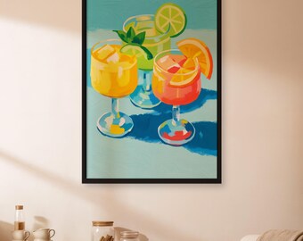 Bunte Sommer-Cocktail-Wandkunst, Tropisches Getränke-Plakat, Fruchtiges Getränkeplakat, lebendiges Bar-Dekor, gerahmter erfrischender Margarita-Druck