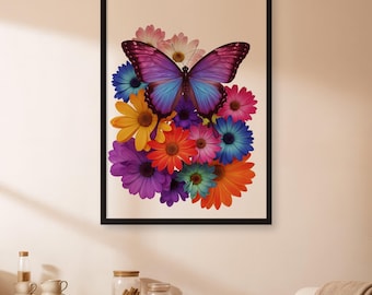 Färgglad väggkonst med fjärilsblommor, ljus trädgårdsinsekteraffisch, inramad eller rullad blommig naturdekor, vibrerande vårväggkonst