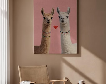 Cute Llama Couple Canvas Art Pink Background Adorable Animal Wall Decor Romantic Home Accent for Bedroom Living Room Anniversary Gift
