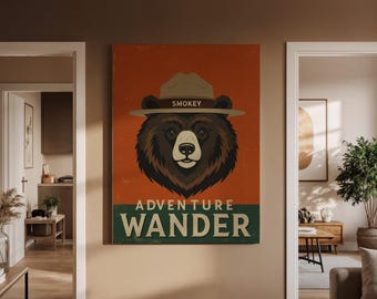 Vintage Bear Adventure Canvas, Rustic Smokey Inspired Wall Art Print with Ranger Hat, Retro Wilderness Decor for Cabin, Lodge, or Camper