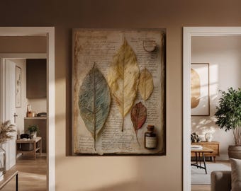 Vintage canvasafdruk met botanische bladeren, op de natuur geïnspireerde bladillustratie op oud papier, elegante muurkunst voor rustiek of modern huisdecor