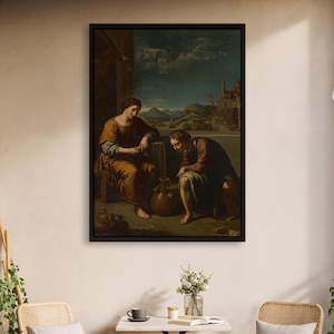May include: A framed painting depicting two figures in classical attire. One figure sits, the other kneels near a large brown jug. The background shows a landscape with buildings and a cloudy sky. The artwork is framed in a black border.