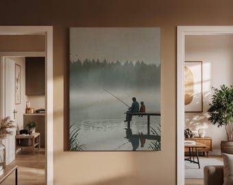 Father and Child Fishing Wall Art Canvas, Lake Dock Nature Print, Misty Forest Landscape Canvas, Minimalist Family Home Decor, Art Decor