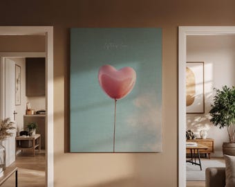 Lifted by Love Heart Balloon Canvas Romantic Wall Art Soft Sky Aesthetic Floating Heart Print for Bedroom Living Room Anniversary Gift