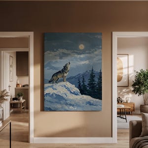 Framed Wolf Moon Wall Art Canvas Print, Lone Wolf Howling at Full Moon in Winter Forest Landscape, Rustic Wildlife Nature Bedroom Wall Decor