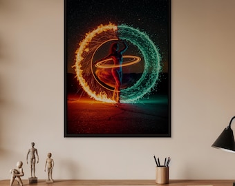 Fire and Water Dance Wall Art, Silhouette Woman in Fiery and Aqua Energy Circle, Dynamic Elemental Canvas Poster for Modern Artistic Spaces