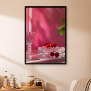 Cherry Still Life Poster, Pink Minimalist Fruit Wall Art, Red Summer Cherries & Glass Cup Print for Kitchen, Dining Room or Cafe Decor