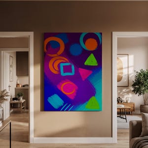 Abstract Geometric Canvas Art, Colorful Shapes and Brushstrokes on Purple Background, Vibrant Framed Modern Art for Bold Spaces Art Decor
