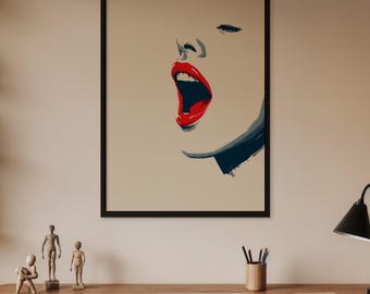 Minimal Pop Art Wand Kunst Druck, Frauengesicht, Gestreifte Rote Lippen und Moderne Ausdruck Poster, Zeitgenössische Illustration für Stilvolles Wohndekor