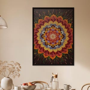 Mandala Wall Art Poster, Vibrant Sacred Geometry Print, Colorful Boho Style Decor, Rolled or Framed, Meditation Room Spiritual Gift