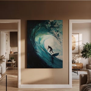 Surfer Wave Canvas Wall Art, Ocean Surfing Scene with Large Barrel Wave, Framed or Unframed, Coastal Beach Artwork for Surf Lovers