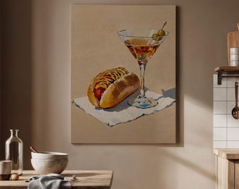 Martini and Hot Dog Art Print, Funny Food Still Life Wall Art, Cocktail Bar Kitchen Decor, Quirky Drink Artwork, Gift for Bar Lovers