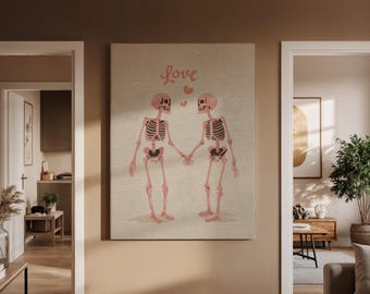 Skeleton Couple Love Canvas Art Cute Romantic Skeleton Illustration Whimsical Wall Decor for Bedroom Living Room Anniversary Gift, Art Decor