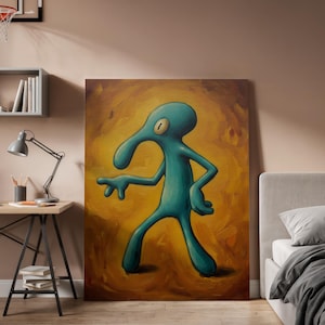 Könnte beinhalten: Ein türkisfarbener Cartoon-Charakter mit langer Nase und einem Auge, vor einem strukturierten, goldgelben Hintergrund. Die Figur befindet sich in einer dynamischen Pose, mit einem ausgestreckten und einem angewinkelten Arm. Leinwanddruck.