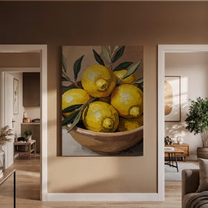 Framed Lemon Still Life Canvas Wall Art, Rustic Kitchen Fruit Bowl Painting, Vibrant Yellow Citrus Artwork for Farmhouse Decor, Art Decor