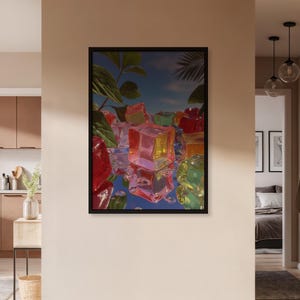 Colorful Ice Cube Poster Art, Tropical Summer Poster, Framed Vibrant Drink Decor, Glossy Abstract Food Print for Kitchen, Bar or Balcony