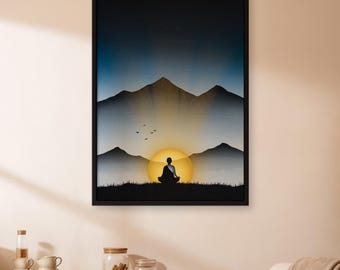 Meditation Sunrise Wall Art, Serene Mountain Landscape Canvas with Silhouette Figure, Peaceful Nature Scene Poster for Calming Wall Decor