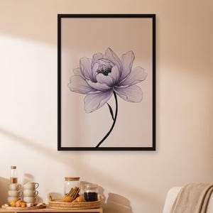 Purple Flower Line Art Poster, Minimal Botanical Wall Print, Elegant Floral Illustration, Rolled Or Framed Gift For Nature And Art Lovers