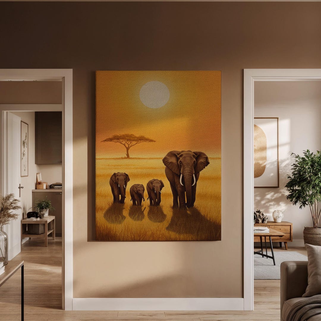 Framed Elephant Sunset Wall Art Canvas Print, African Wildlife Family ...