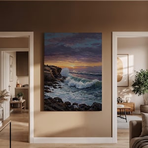 Framed Ocean Sunset Canvas Wall Art, Seaside Wave Painting Print, Coastal Landscape Seascape Artwork for Beach House or Modern Home Decor