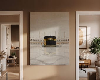 Kaaba Islamic Wall Art Canvas Print, Mecca Mosque Illustration, Ramadan Hajj Umrah Decor, Muslim Prayer Room Home Decoration, Art Decor