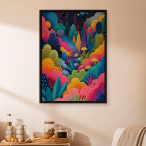 Colorful Fantasy Forest Poster Wall Art, Psychedelic Mushroom Poster, Vibrant Framed Nature Print for Creative Studio, Kids Room Decor