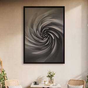 Monochrome Spiral Poster, Abstract Grey Swirl Wall Art, Twisted Petal Illusion Print, Modern Framed or Rolled Optical Illusion Decor