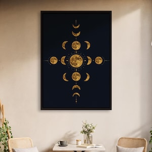 Gold Moon Phases Wall Art, Celestial Lunar Cycle Astronomy Print on Dark Background for Boho Bedroom, Mystic Office or Modern Home