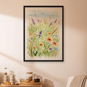 Art mural prairie de fleurs sauvages, affiche aquarelle fleurs des champs, impression botanique cottagecore, oeuvre d&#39;art floral pastel nature, décoration de ferme