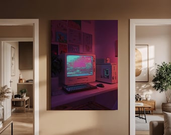 Retro Computer Art Canvas, Neon Lights and 80s-Inspired Tech, Vintage Computer Desk Decor for Tech Enthusiasts and Nostalgic Spaces